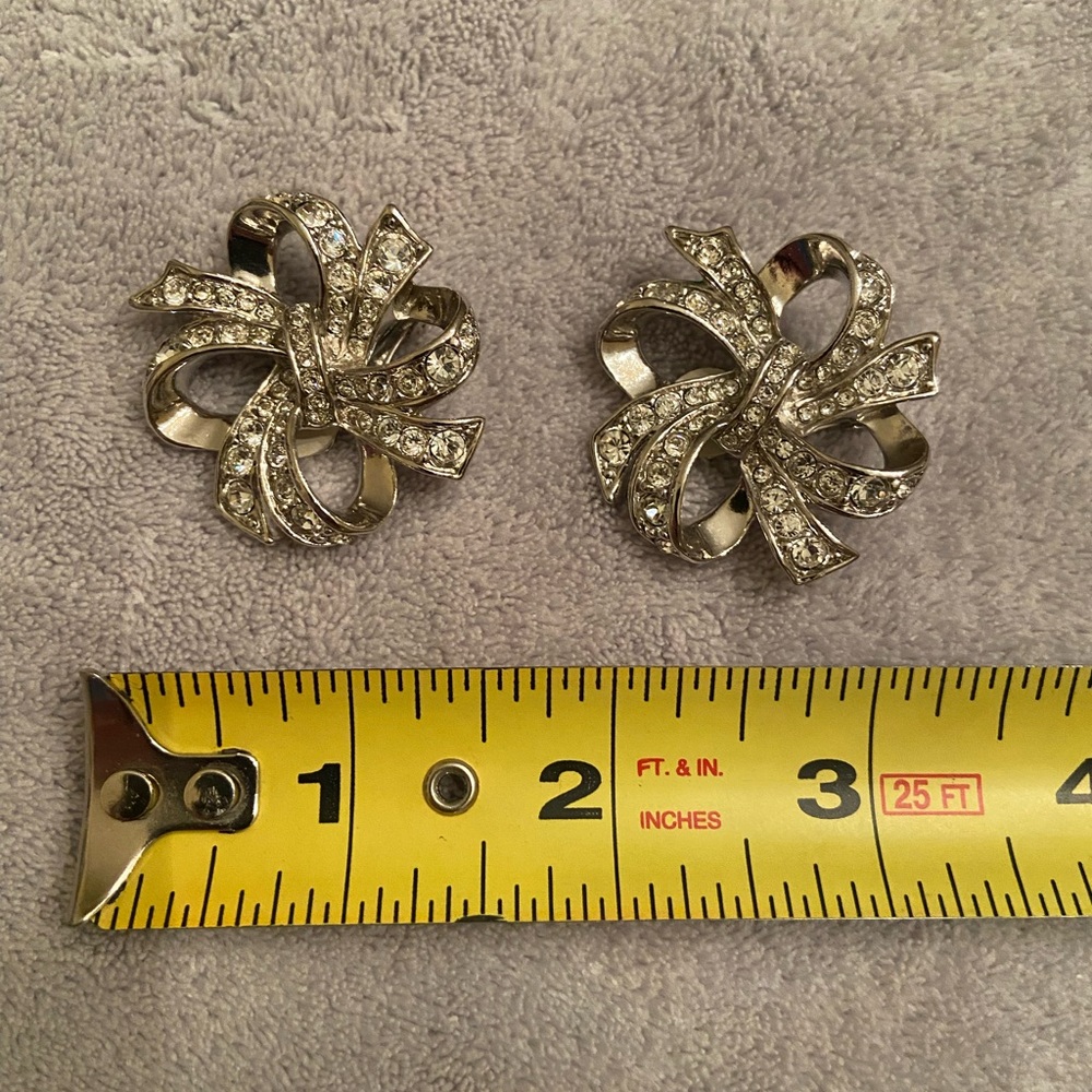 Silver Rhinestone Bow Clip Earrings - Picture 2 of 3